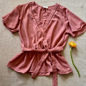 Sienna Sky Pink Wrap Blouse with Flutter Sleeves
